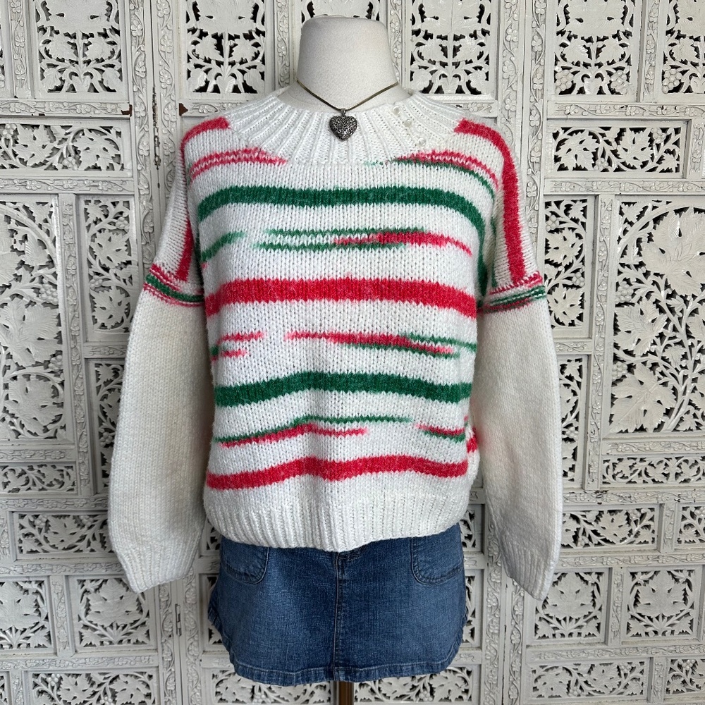 Handmade Green & Red Holiday Striped Artsy Sweater‎ Sz Medium